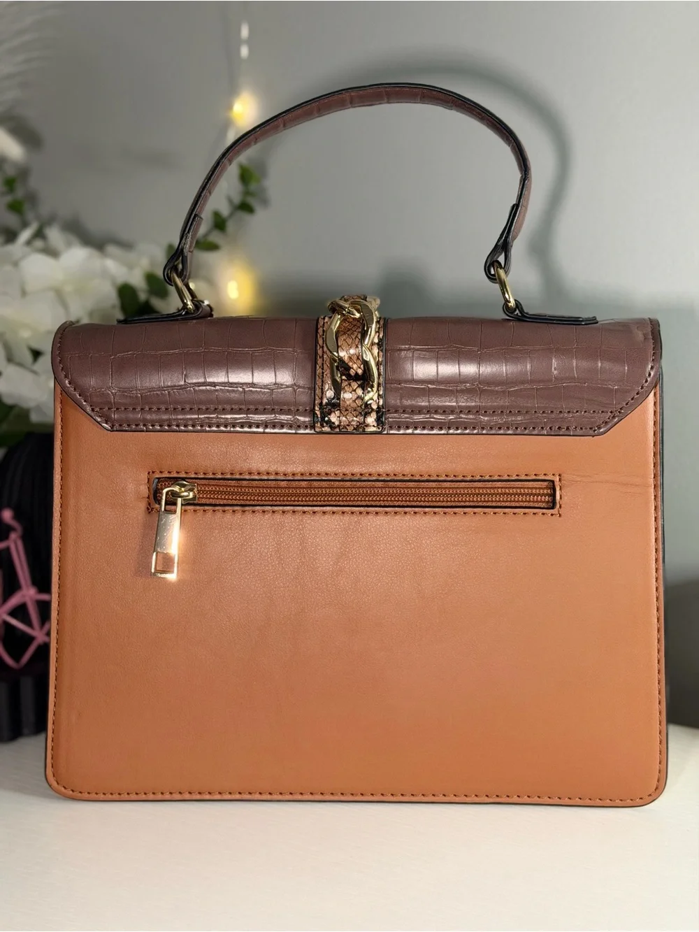 Aldo Brown Croc & Snake-Print Top-Handle Satchel with Scarf Accent